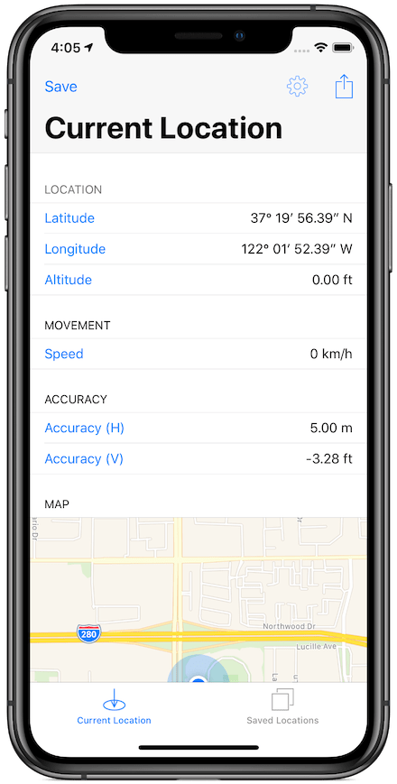 iPhone XS showing Simple GPS Logger app